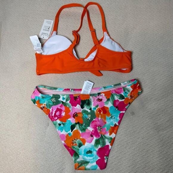 Cupshe Women’s 2PC Bikini Swimsuit Small Orange Top Floral Bottoms Swimwear - Picture 2 of 8